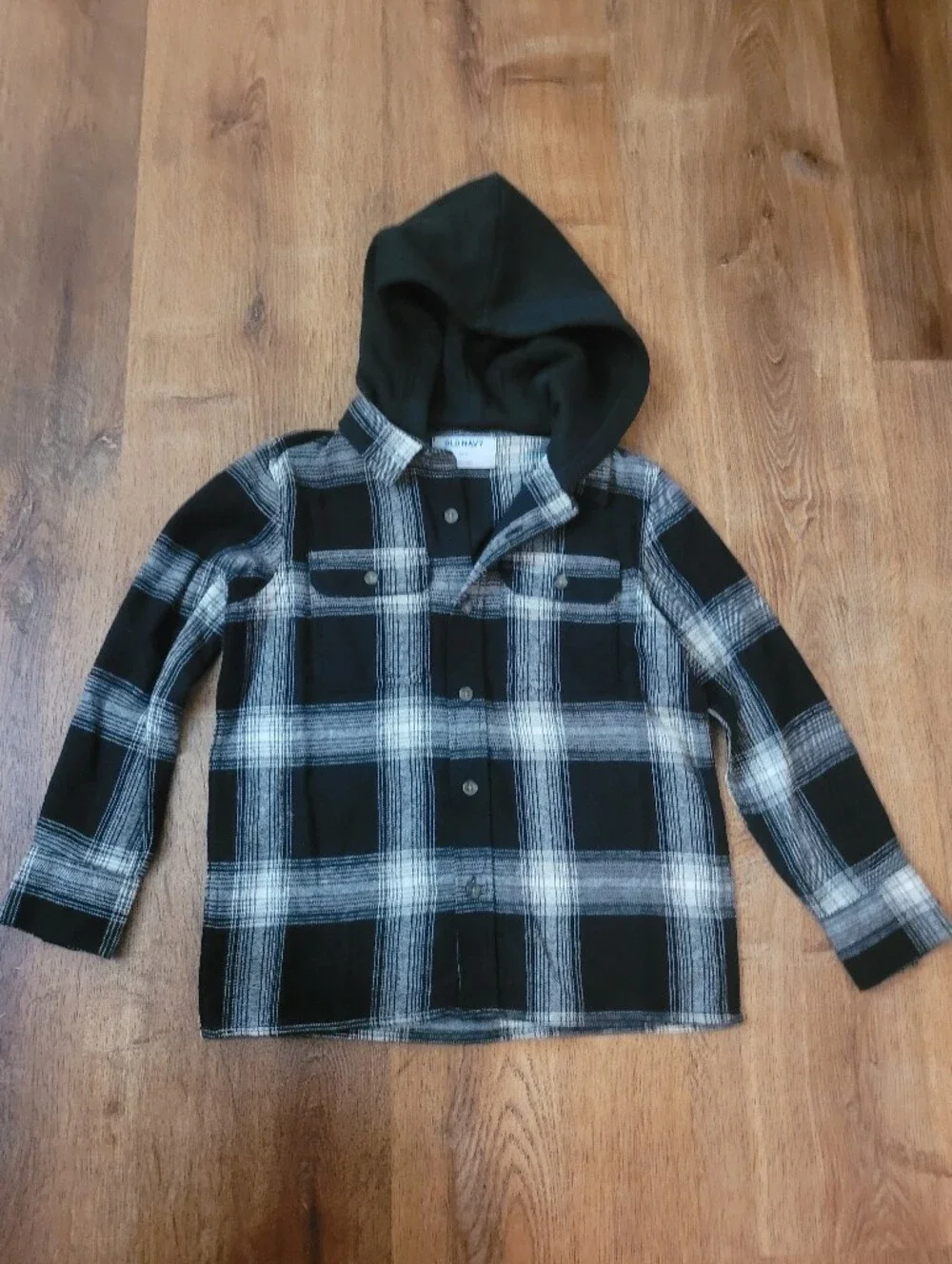 Boys Old Navy Black & White Plaid Hooded Button-Down Shirt